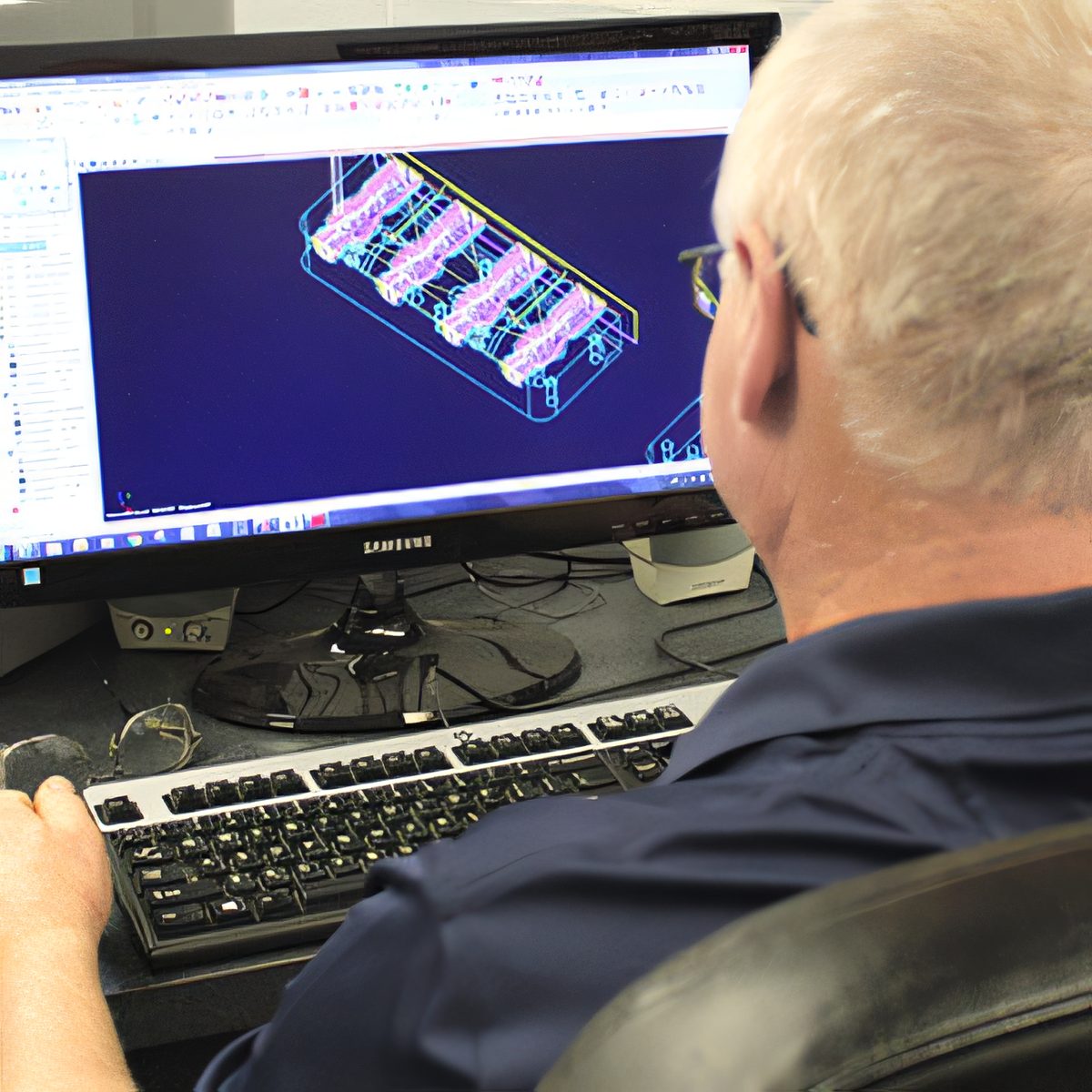 Protoplast designer working on a part model at a CAD station