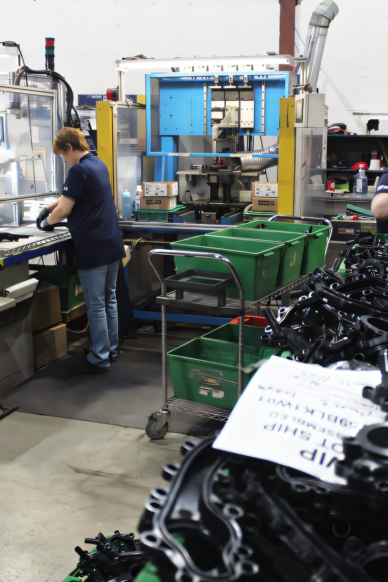 Molded black automotive components staged in a Protoplast assembly cell