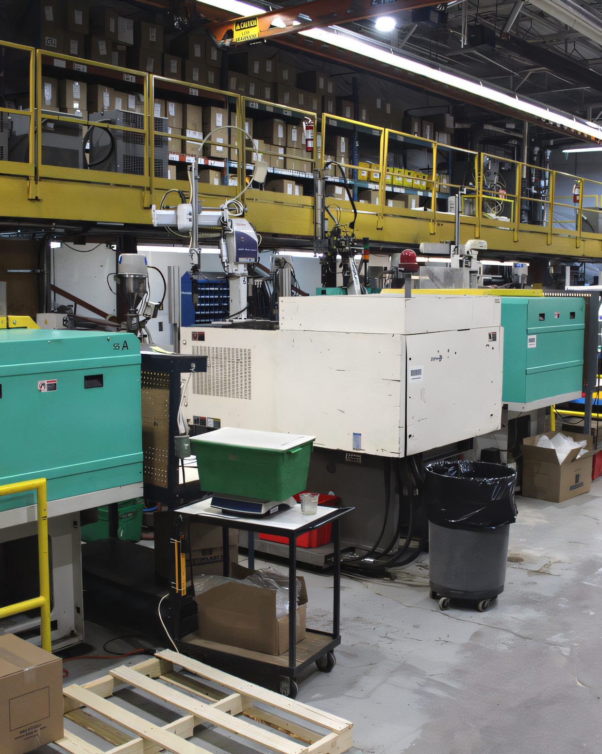 Row of injection molding presses under a yellow overhead crane on the Protoplast production floor in Cobourg