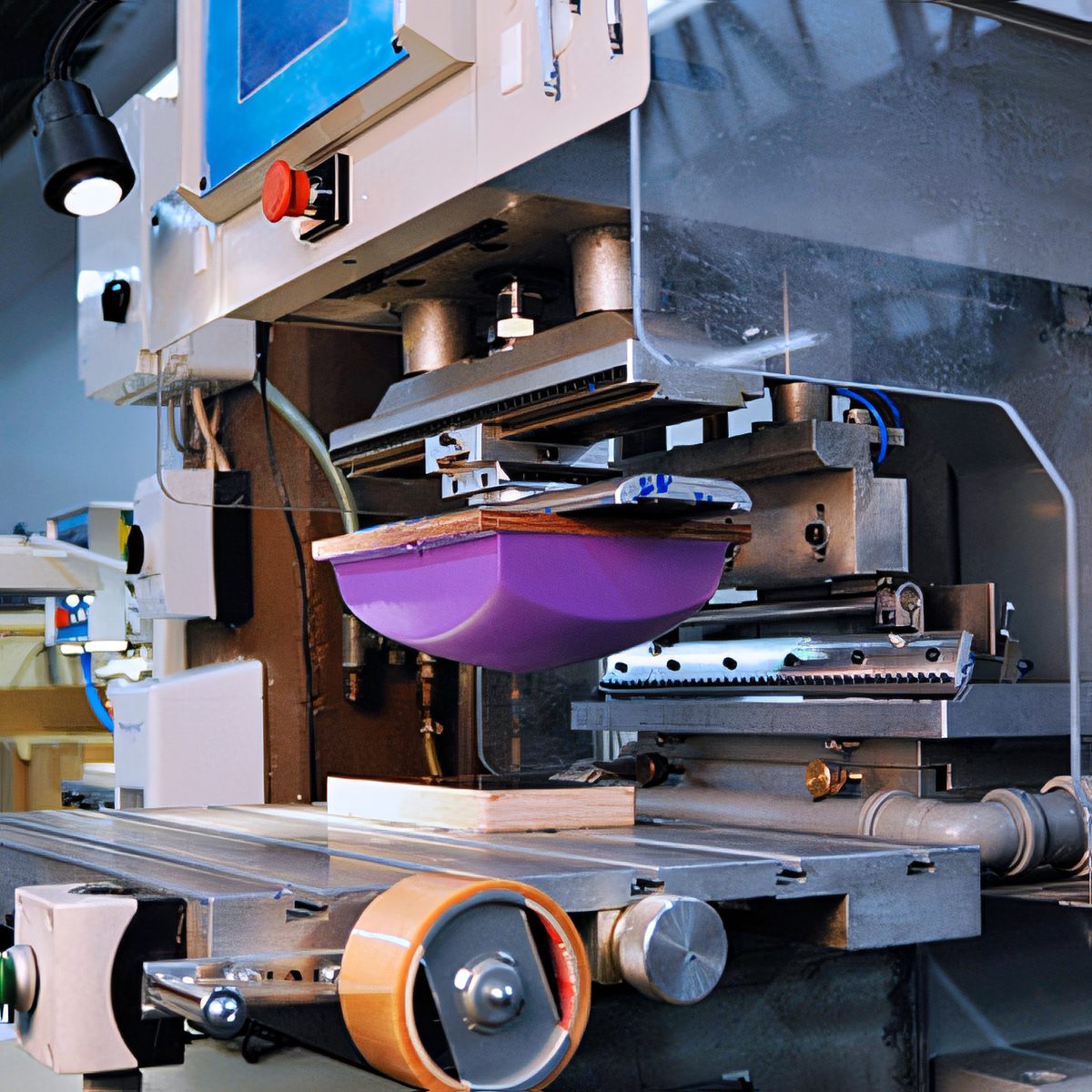Pad printing station transferring ink onto a molded part