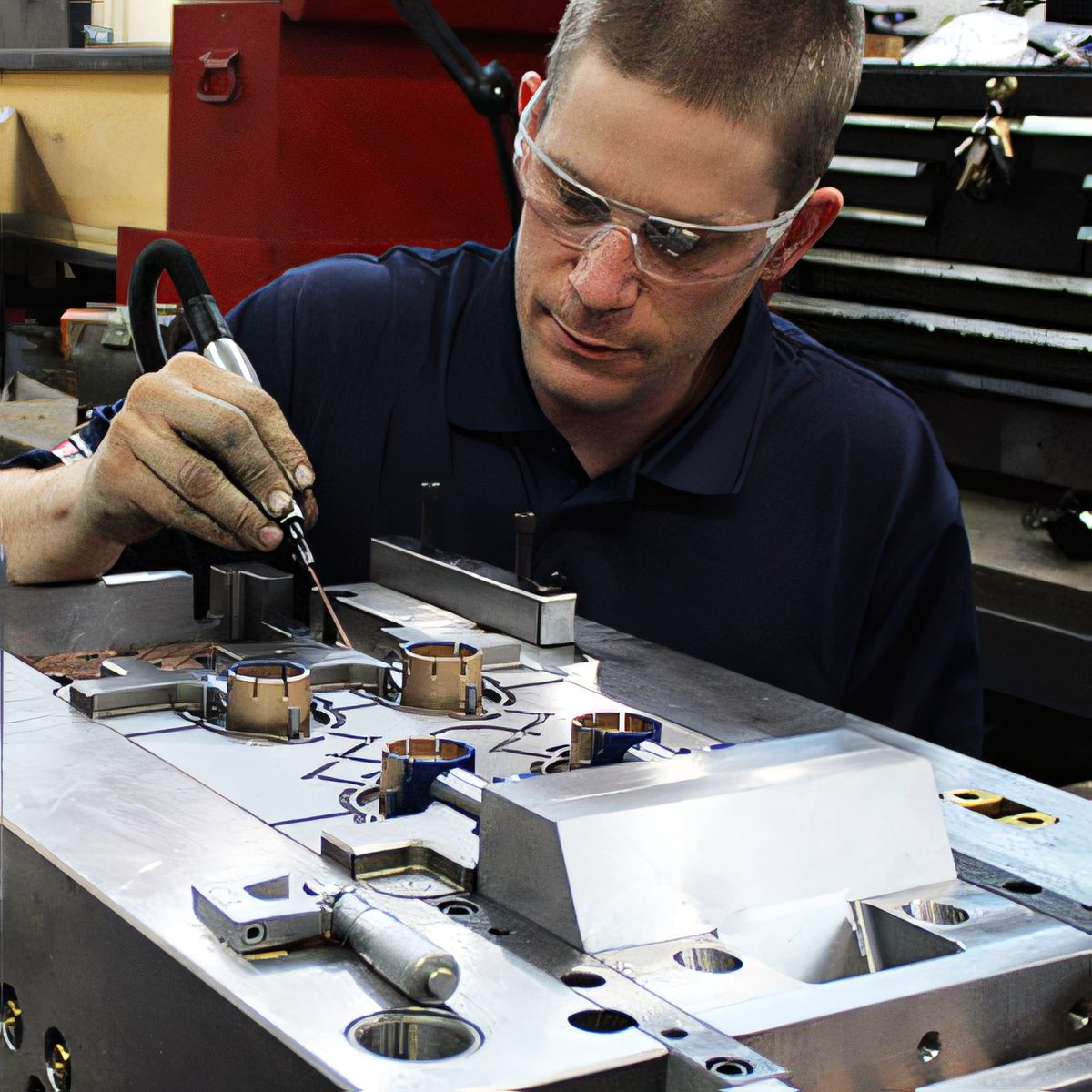 Protoplast tool maker working on an open injection mold